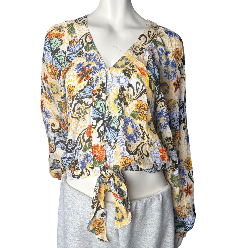 Buffalo Butterfly Floral Blouse NWT Tie Front Sheer Boho Cottagecore Fairycore M